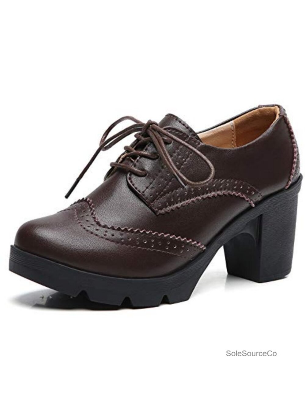 DADAWEN Women's Leather Oxfords Platform Chunky Mid-Heel Lace Up